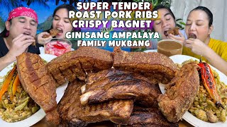 Super Tender Roast Pork Ribs Bagnet Pork Jowls and Ginisang Ampalaya Mukbang Family Mukbang [upl. by Ynneh]