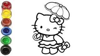 Hello Kitty With Umbrella Draw  Easy Drawing And Coloring Cute Kitty Cat  Lets Draw Together [upl. by Rebeca623]