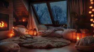 Rainy Attic Retreat  Cozy Space with Sleeping Cat and Fireplace [upl. by Uzzi]