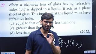 When a biconvex lens of glass having refractive index 147 is dipped in a liquid  it acts as a [upl. by Eiralav]