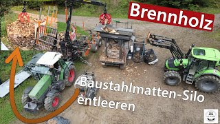 Brennholz BaustahlmattenSilo mit Polypgreifer und Rückewagen entleeren  BMF14T2Pro  Fendt 511C [upl. by Adnovay]