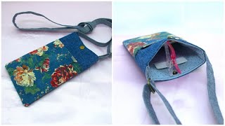 DIY スマホポーチ 簡単作り方 表ポケット付き 紐付きスマホケースの作り方 How to make a smartphone pouch スマホポシェット スマホケース作り方 [upl. by Onitnatsnoc]