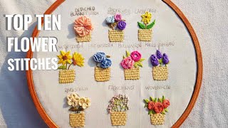 Top 10 Flowers Embroidery  Basic Beginner stitches  Hand Embroidery Patterns embroiderystitches [upl. by Miltie782]