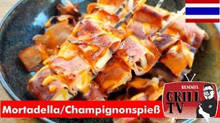 Mortadella grillen ChampignonMortadella Spieße Thaifood  rummelgrilltv UT Deu Eng [upl. by Katina985]