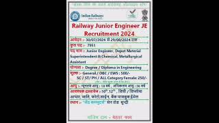 Railway RRB Junior Engineer CEN 032024 Apply Online for 7951 Post recruitment vacancy viral [upl. by Abdu]