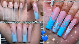 BLUE WINTER POLYGEL NAILS❄️ PEPPERMINT SNOWFLAKES amp SWEATER NAIL ART DESIGN  Nail Tutorial [upl. by Elacim522]