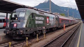 Bahnhof Bludenz Lokwechsel am Railjet nach Flughafen Wien  Zwangsbremsung [upl. by Ahsanat]