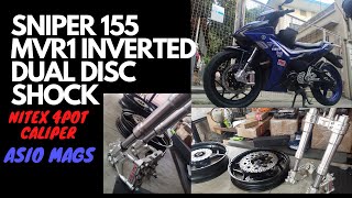 HOW TO INSTALL MVR1 INVERTED DUAL FRONT DISC SHOCK WITH ASIO MAGS AND 4POT CALIPER sniper 155 [upl. by Archer]