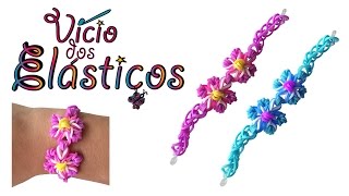 Como fazer Pulseira de Elásticos com duas flores sem tear  Rainbow Loom [upl. by Aisyram]