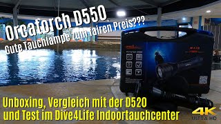 Orcatorch D550 Tauchlampe  Unboxing amp Test im Dive4Life Indoortauchcenter 🔦 4K60FPS [upl. by Gebler]