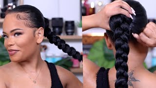 SUPER SLEEK LONG BRAIDED PONYTAIL ON NATURAL HAIR  Protective Style  Arnellarmon [upl. by Kissie]