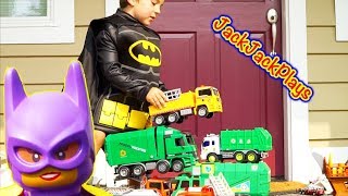 Opening Toy Trucks in Batman Costume Huge Surprise Unboxing with Garbage Vehicles  JackJackPlays [upl. by Artkele]