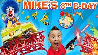 MIKES 8th BIRTHDAY Roller Coaster Bottle Flip Arcade Madness FUNnel Vision Theme Park Playti [upl. by Eimat]