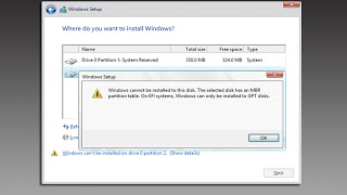 Windows cannot be installed to this disk the selected disk has an MBR partition table [upl. by Aihsened]