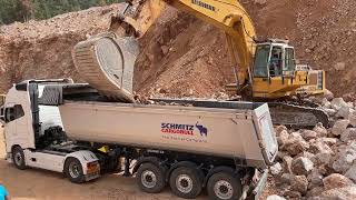 Liebherr 974 Excavator Loading Lorries On Quarry  SotiriadisLabrianidis Quarry Works [upl. by Eahsram]