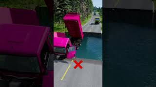 Dump truck vs huge water pit 14  carsvswaterpit doubleflatbedtrailertruckvsspeedbumps [upl. by Aivirt]