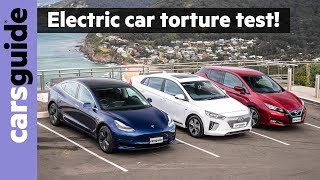 Tesla Model 3 v Nissan Leaf v Hyundai Ioniq Electric 2019 comparison review [upl. by Tnattirb]