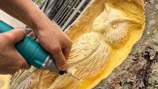 Watch this artist carve an owl from a new wood trunk  woodcarving [upl. by Toolis]