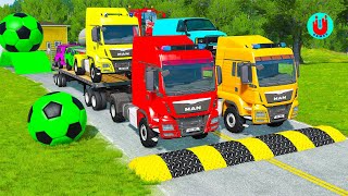 Double Flatbed Trailer Truck vs Speedbumps Train vs Cars  Tractor vs Train BeamngDrive 181 [upl. by Addam]