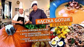 Rączka gotuje zupa dyniowa na piwie bitki w sosie grzybowym szałot ze świeżym ogórkiem [upl. by Eicnan]