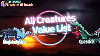 VALUE LIST 소나리아 가치표 11122023 November  Creatures Of Sonaria [upl. by Acirderf416]