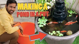 How to make a pond in a pot with cheap fountain easy DIY balcony pond water feature on a budget [upl. by Amjan]