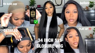 DETAILED FLAT SIDE PART 5x5 CLOSURE WIG INSTALL  34 INCH HAIR  No glue needed  Nadula Hair [upl. by Kati]