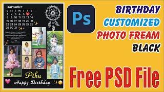 Birthday Customized Photo Frame in Photoshop  Black Free PSD  Birthday Frame Photo Editing [upl. by Talia919]