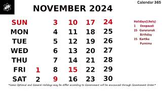 November Calendar 2024  November 2024 Calendar with Holidays  India 📅 Calendar 365 📅 [upl. by Oznole917]