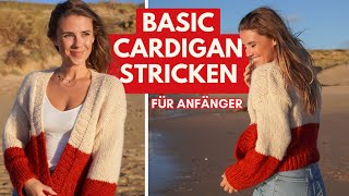 Strickjacke stricken für Anfänger  Anleitung für einfachen Basic Cardigan [upl. by Nanci]