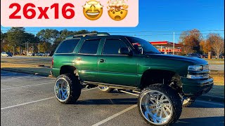 26x16 on Leveled Tahoe 2001 Chevy Tahoe z71  Lifted trucks  Squatted trucks  9 inch lift [upl. by Elsa723]