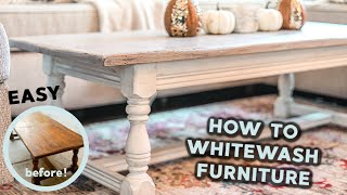 How to Whitewash amp Distress Furniture DIY Farmhouse Coffee Table easy amp budgetfriendly [upl. by Naujat597]