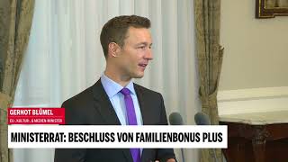 quotFamilienbonus Plusquot BognerStrauß und Blümel vor Ministerrat [upl. by Llenrub]