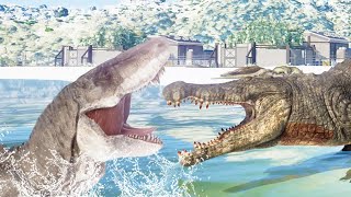 DEINOSUCHUS vs MEGALODON REX JURASSIC WORLD EVOLUTION [upl. by Novello504]