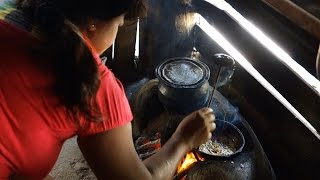 Bedum  Sri Lankan recipe filmed in a village house made of mud  Fried curly noodles with peanuts [upl. by Nylleoj266]