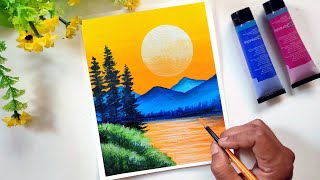 Easy Scenery Drawing With Acrylic Colour  Sunset Painting [upl. by Yaras951]