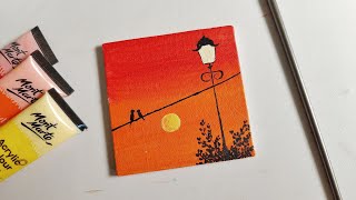 Mini canvas sunset street lamp landscape painting for beginners  aesthetic paintings [upl. by Inahc]