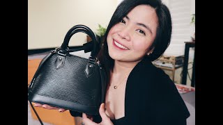 LOUIS VUITTON ALMA BB EPI LEATHER NOIR REVIEW X WHAT FITS INSIDE [upl. by Ailegra]