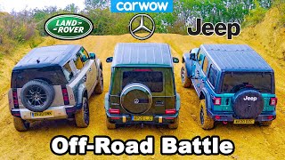 Defender v Mercedes G350 v Wrangler  Uphill DRAG RACE amp Offroad BATTLE [upl. by Ahtaga269]