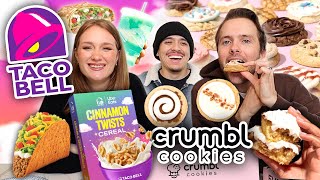 Tasting VIRAL Celebrity Foods TACO BELL Cinnamon Twists Cereal CRUMBL COOKIES New Menu Items [upl. by Dag956]