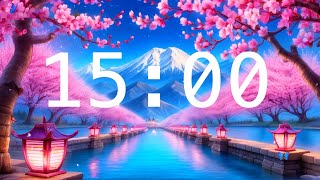 15 Minute Countdown Timer with Alarm  Cherry Blossoms and a River with Lanterns  Relaxing Music [upl. by Atteiram]