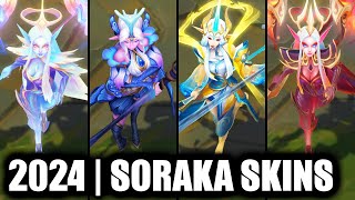 ALL Soraka skins INCLUDING PRESTIGE Star Guardian  Skin Spotlight 2020  League of Legends [upl. by Aiekat564]