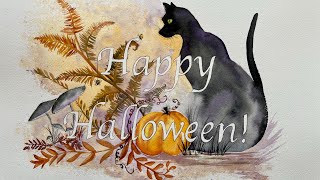 Happy Halloween Collaboration with Lois Davidson Watercolor Vignette Painting Black Cat amp Pumpkin [upl. by Buschi863]