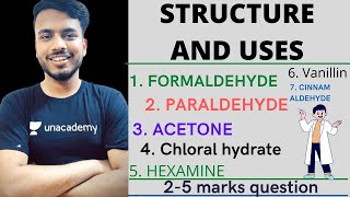 structure and uses  formaldehyde  paraldehyde  Acetone  chloral hydrate  hexamine  vanillin [upl. by Dorsey30]