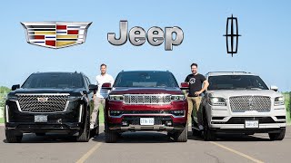 2022 Jeep Grand Wagoneer vs Cadillac Escalade vs Lincoln Navigator  CIVIL WAR [upl. by Llenehs786]