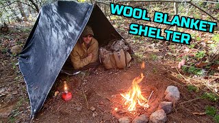 WOOL BLANKET SURVIVAL SHELTER BUILD  Solo Overnight Camping In The Woods  Winter Bushcraft [upl. by Emrich40]