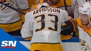 Labouring Viktor Arvidsson Leaves Game After Taking Mattias Ekholm Shot To Ribcage [upl. by Esma457]