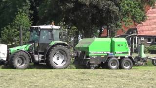 Gras harken met Deutz D 5505 en balen persen met Deutz Fahr Agrostar 6 08  Deutz Fahr MP 135 pers [upl. by Zorina]