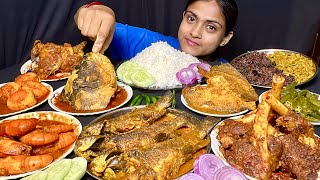 Fish Curry Prawn Curry Lal Saag Bhindi Curry Egg Curry Mutton Curry Chicken Curry With Rice Eating [upl. by Aerdnahs]