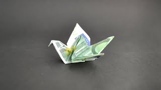 Falten Origami KRANICH Vogel Euro Geldschein GELD FALTEN  Money CRANE Bird Euro bills Tutorial [upl. by Elyod]